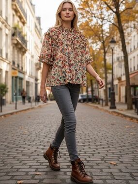 283 • Autumn Floral Smocked Ruffle-Neck Blouse